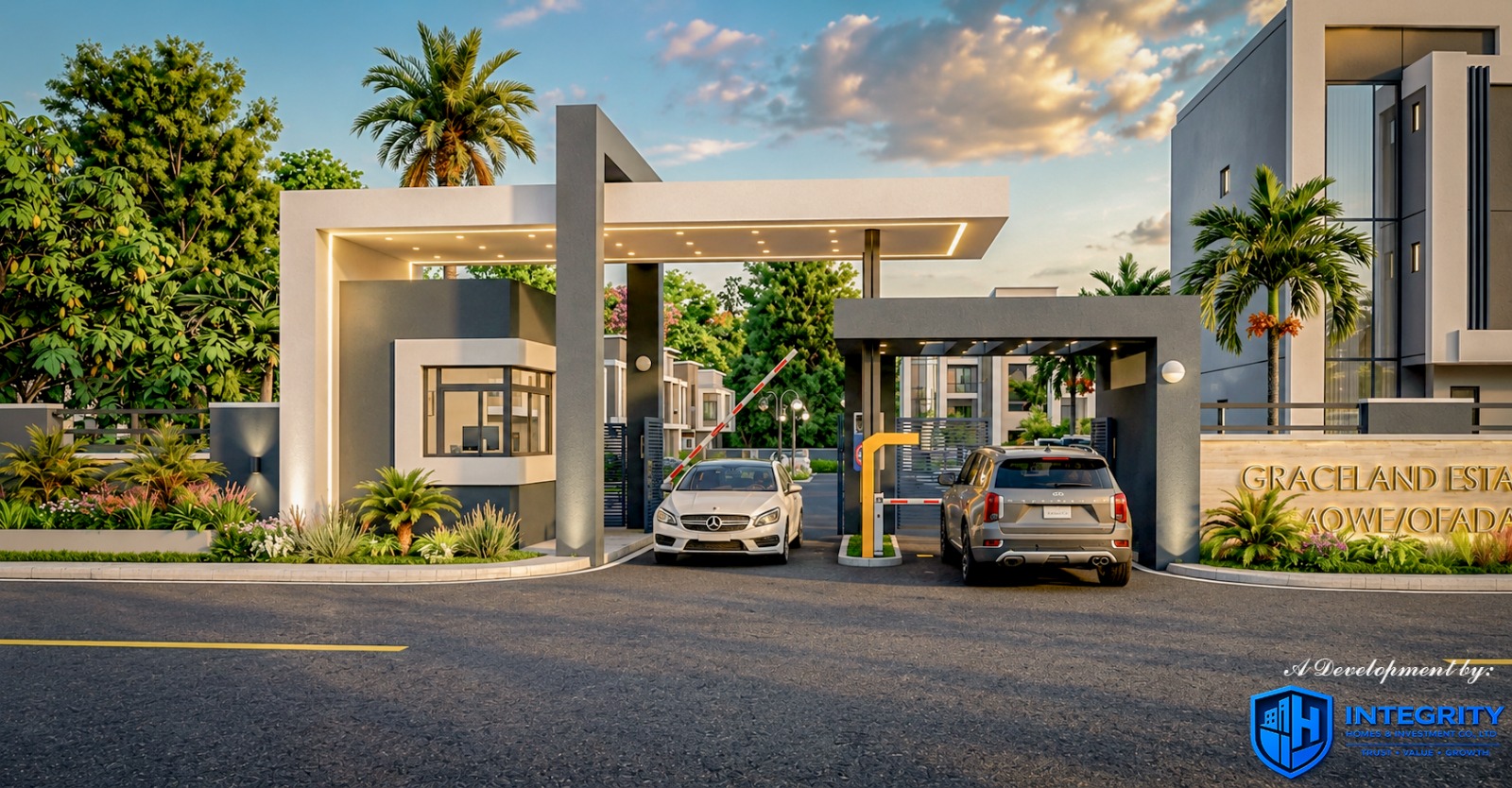 Graceland Estate II gatehouse and entrance boulevard in daylight